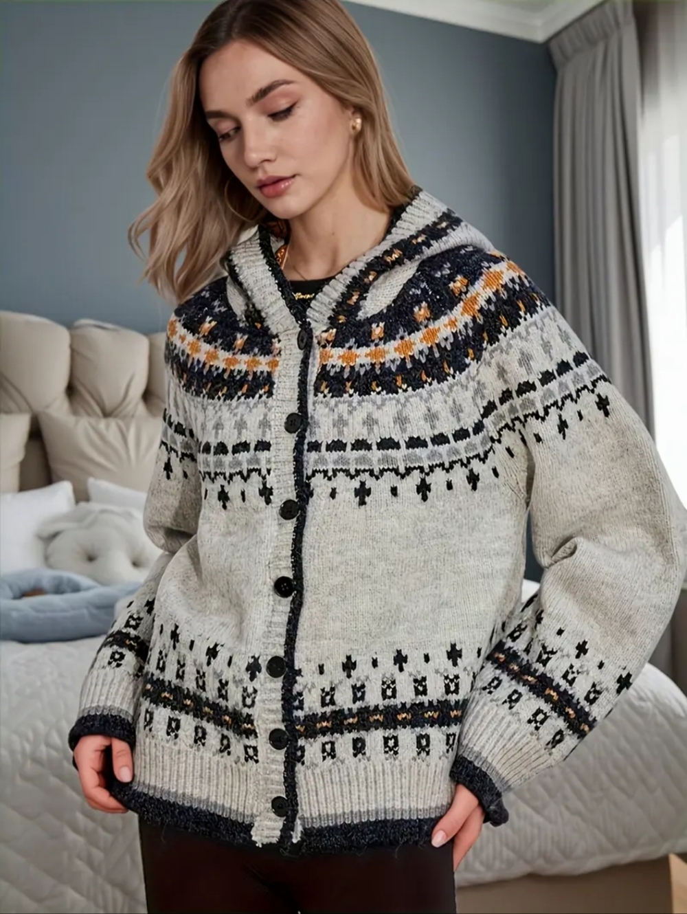 Cozy Fair Isle Button-Up Cardigan Sweater - Cream/Black
